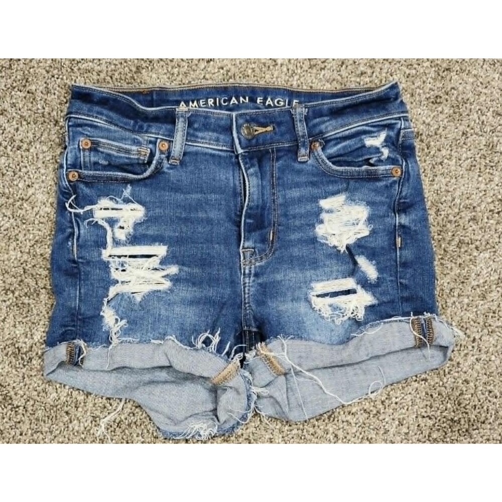 American Eagle Shorts XS / 0 Womens High V-Rise Shortie Stretch Blue Denim Jorts